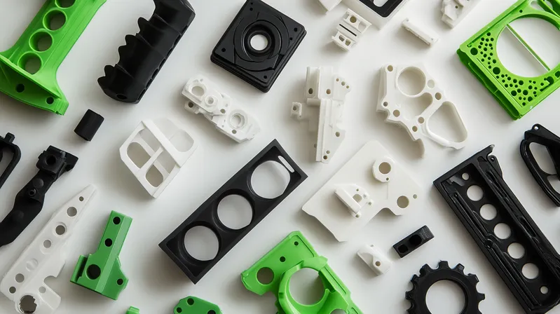 Various black, white, and green 3D printed parts arranged on a flat surface