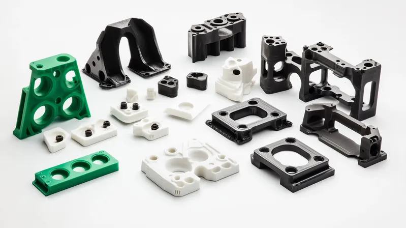 A collection of various 3D-printed geometrical parts in different colors including green, white, and black