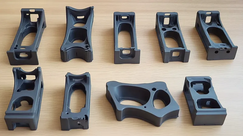 A collection of gray 3D printed complex geometric structures arranged on a wooden surface