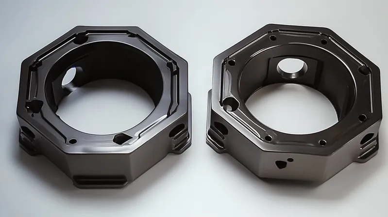 Two metal octagonal components on display