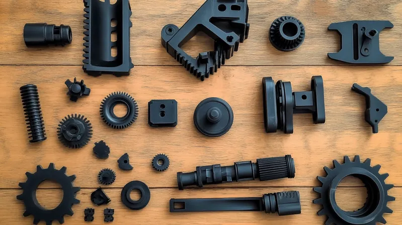 Various black mechanical gears and parts arranged on a wooden surface