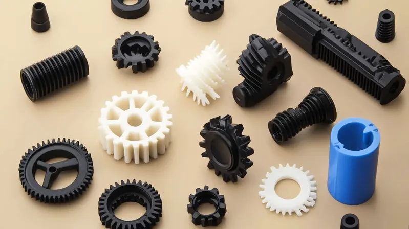 A collection of black and white gears and mechanical parts on a beige surface