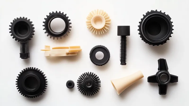 A collection of various black and beige mechanical gears and components arranged on a white background