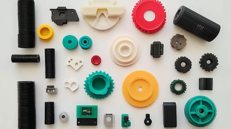 Various colorful machine parts arranged on a flat surface