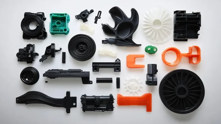 A collection of various plastic and metal mechanical parts arranged on a flat surface.