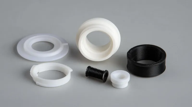 Various white and black mechanical parts arranged on a gray surface