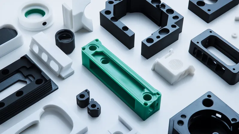 A collection of various black, green, and white mechanical parts laid out on a surface.
