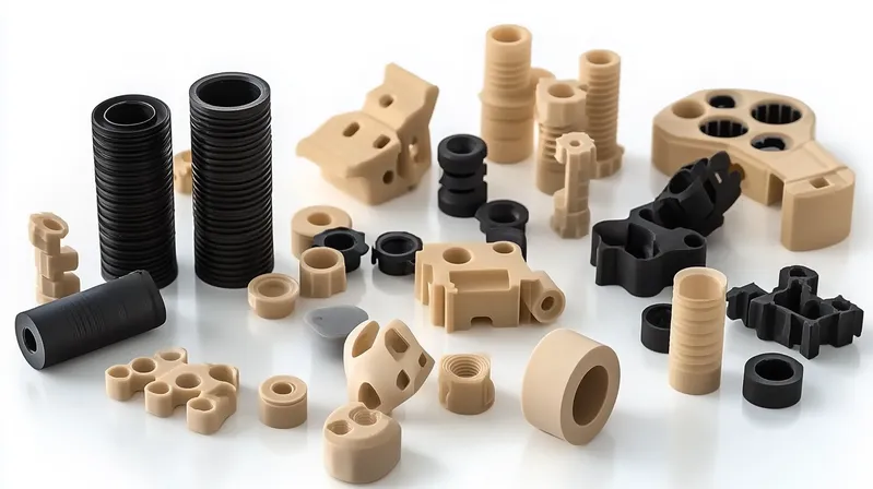 A collection of black and beige nylon parts in various shapes and sizes=