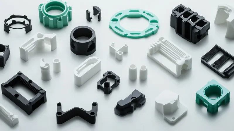 Assorted plastic components in various shapes and colors arranged on a white surface.