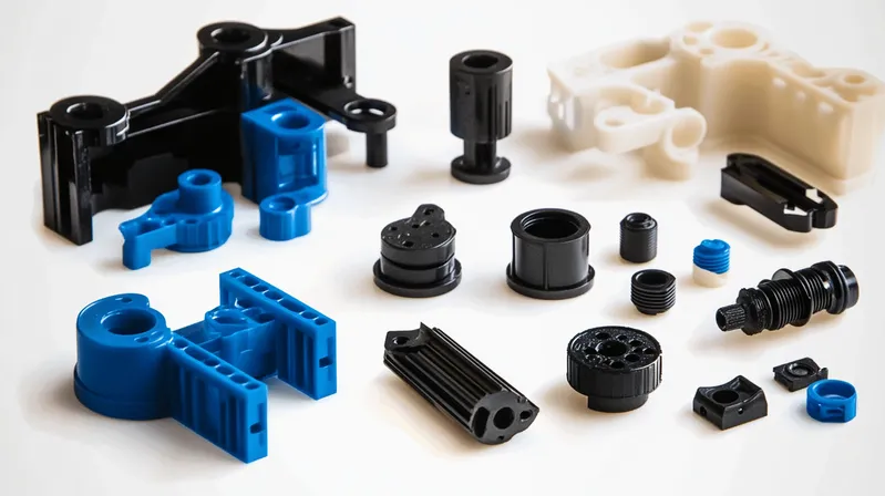 A collection of various colored plastic components arranged on a white surface