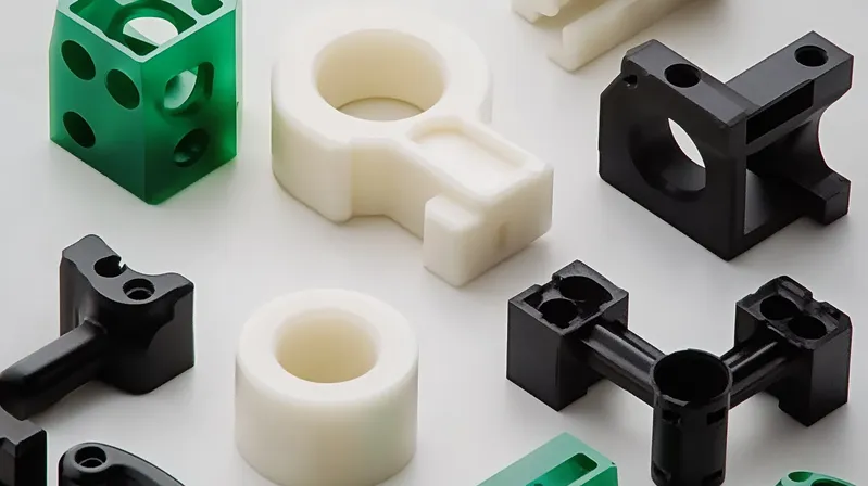 Various black, white, and green plastic parts arranged on a light background