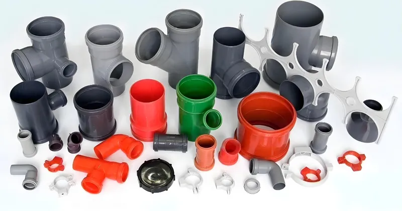 A collection of various plastic pipe fittings in different colors and shapes arranged on a surface.