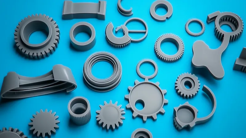 Various silver mechanical gears and parts laid out on a blue background
