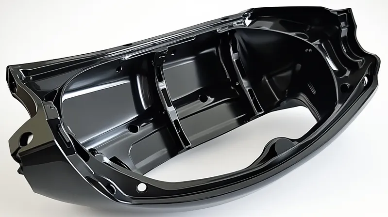 A black automotive dashboard instrument cluster housing with multiple screw holes and cavities