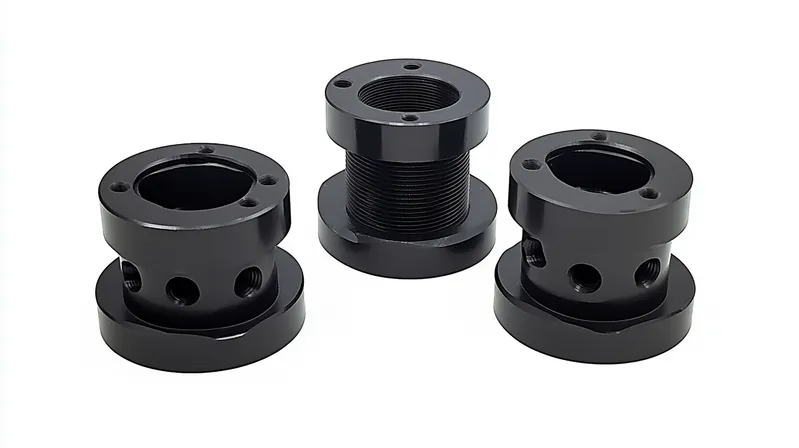 Three black aluminum adapters with holes and threads on a white background