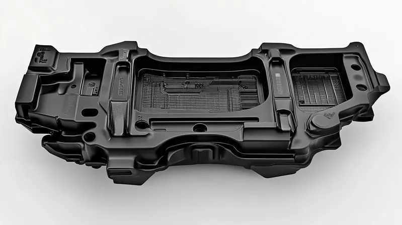 A black molded plastic tray with intricate patterns and compartments