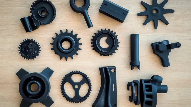 Various black plastic gears and mechanical parts arranged on a wooden surface