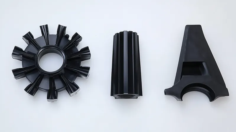 Three black plastic machine parts of different shapes arranged on a white background