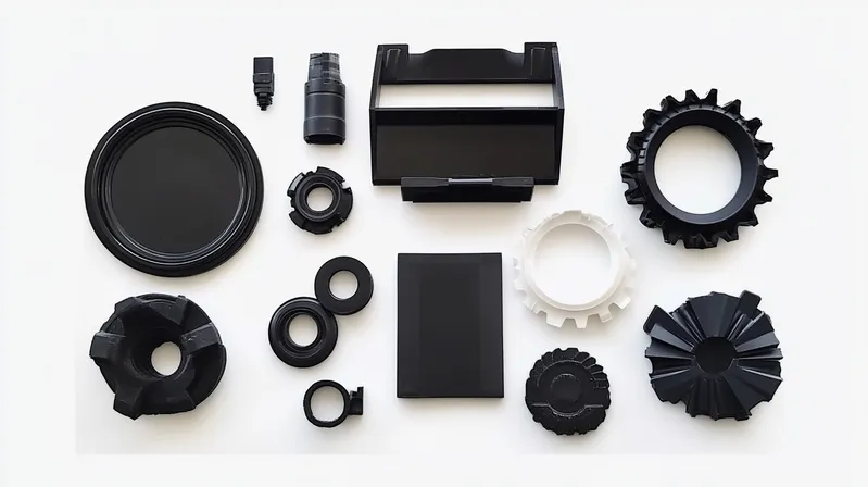 An arrangement of various black plastic components on a white background, including circular and rectangular shapes