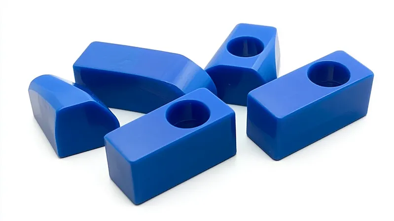 Five blue LEGO slope pieces arranged on a white background