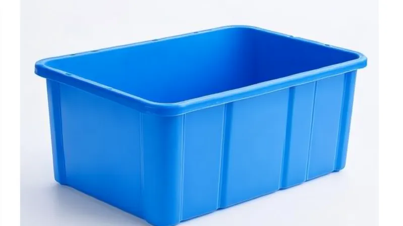 A blue plastic storage bin with a rectangular shape