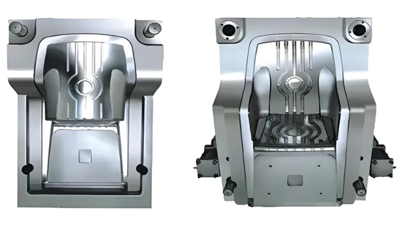 Two metal molds for car seat construction, displayed side by side