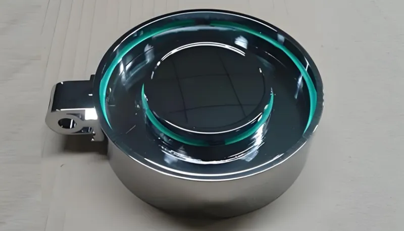 A chromium plated discus with a green interior lining on a light surface.