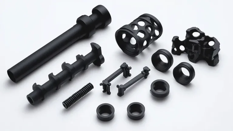 Various black metal parts with cylindrical and threaded designs, possibly CNC machined components.