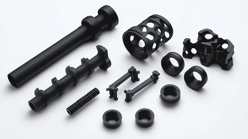 Various black metal parts with cylindrical and threaded designs, possibly CNC machined components.