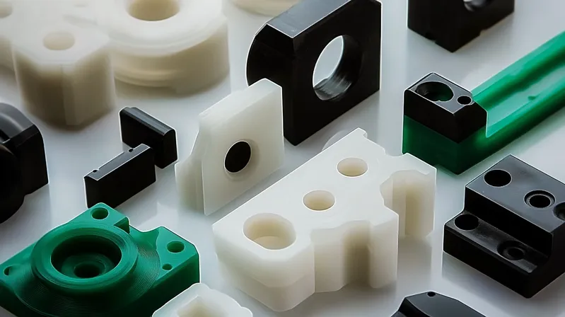 Assorted CNC machined plastic parts in different shapes and colors