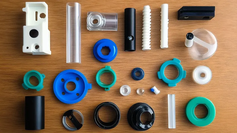 Various CNC machined plastic parts arranged on a wooden surface