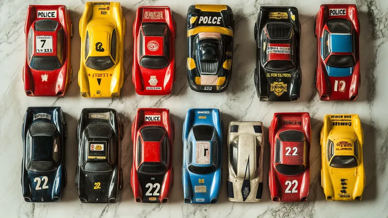 A collection of twelve colorful toy cars arranged in rows on a marble surface