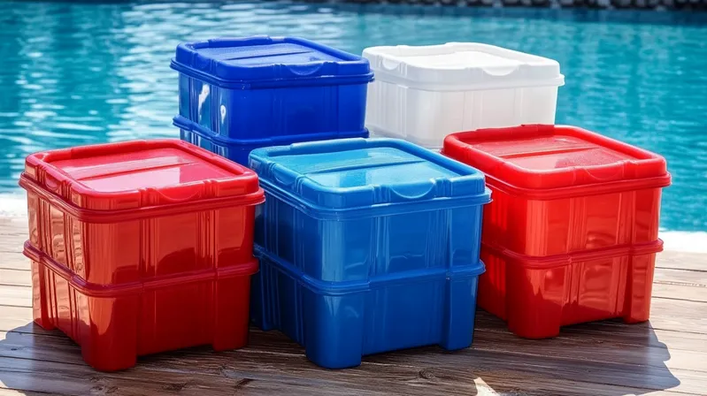 Five plastic storage bins in red, blue, and white placed on a wooden deck by a pool