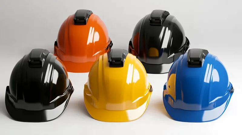 Five safety helmets in different colors: orange, black, yellow, and blue, placed on a grey background