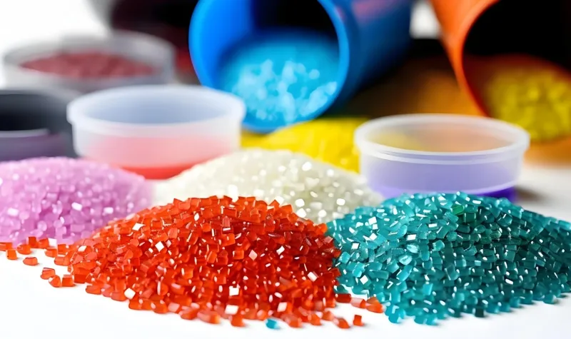 Various colored plastic granules in small piles and containers, showcasing different colors like red, blue, and yellow