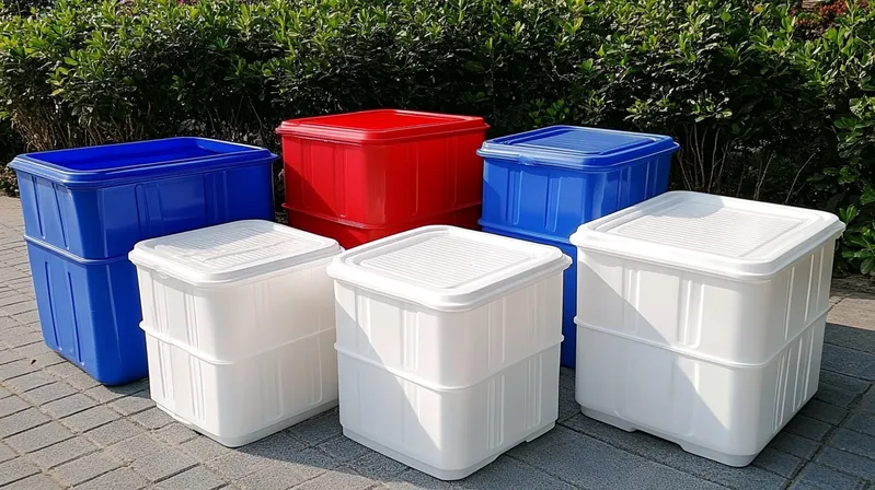 Six plastic storage bins in red, blue, and white colors arranged on a paved surface with greenery in the background