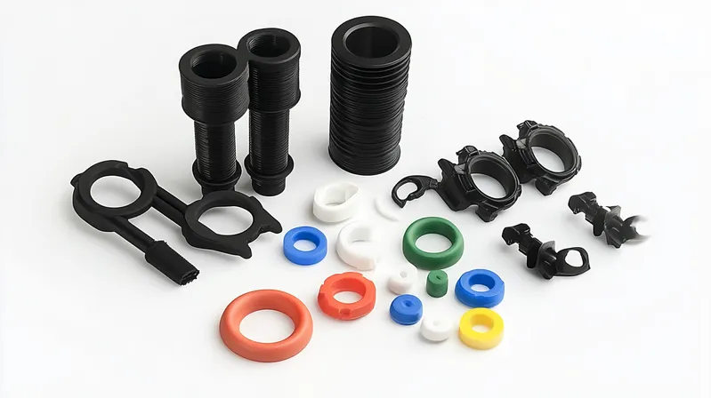 A collection of colorful plastic components including washers, nuts, and threaded tubes arranged on a white surface.