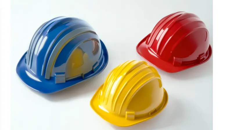 Three colorful construction helmets in blue, red, and yellow on a white background