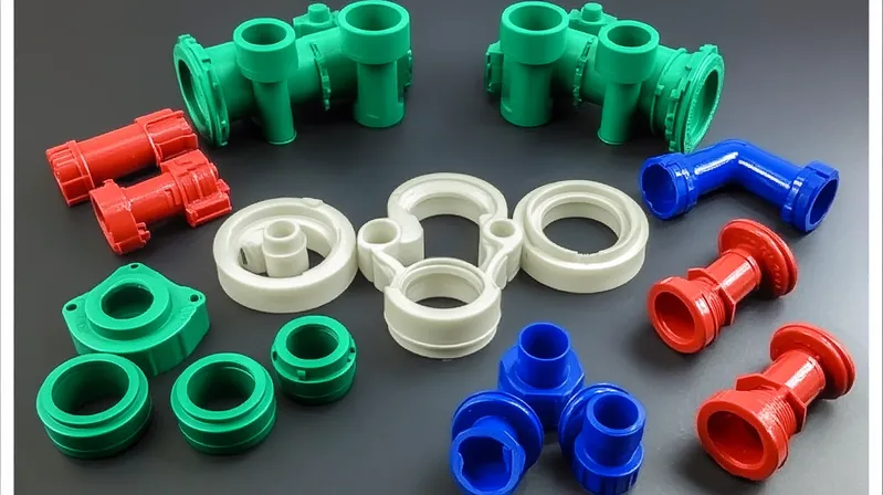 Various colorful plastic pipe fittings arranged on a dark surface