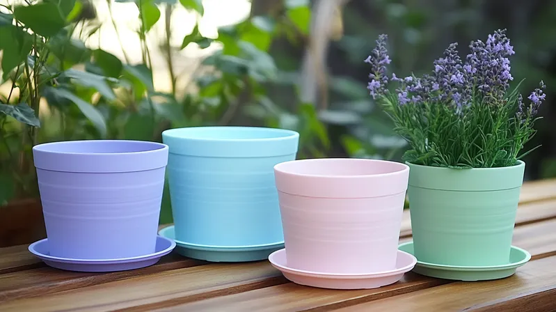 Four colorful plant pots on a wooden surface, with one pot containing lavender