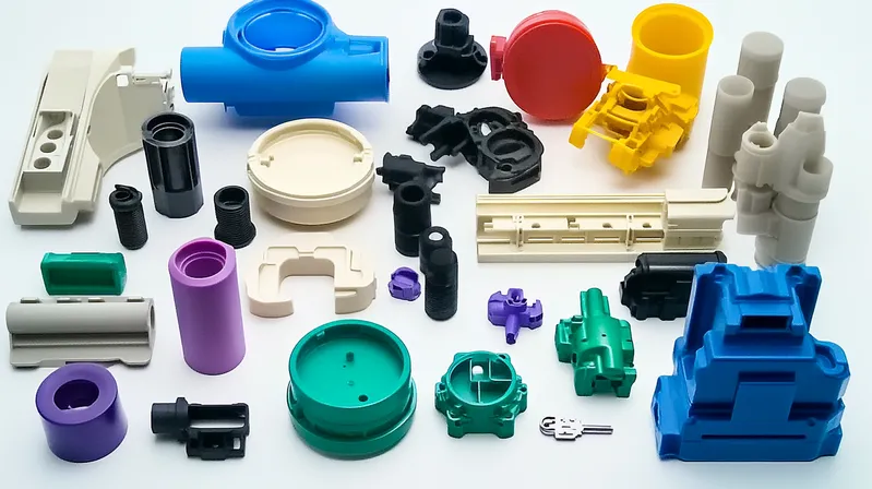 Assorted colorful plastic components arranged on a white background