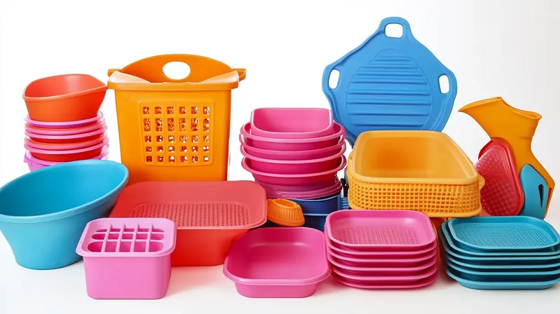 Various colorful plastic containers including baskets, basins, and pitchers