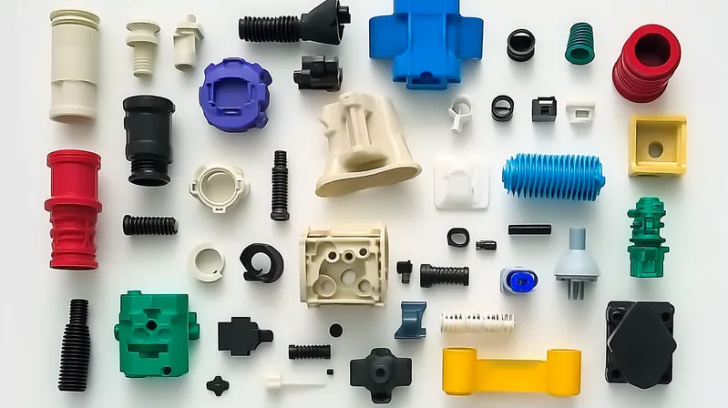A collection of various colorful plastic parts arranged on a white background