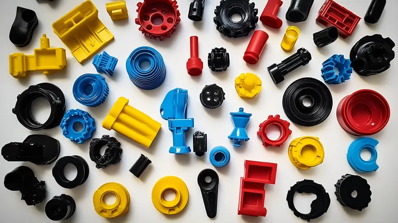 Various colorful plastic toy parts scattered on a surface