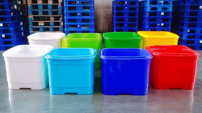A collection of colorful storage bins in various colors including white, light blue, blue, green, yellow, and red, with stacks of blue pallets in the background
