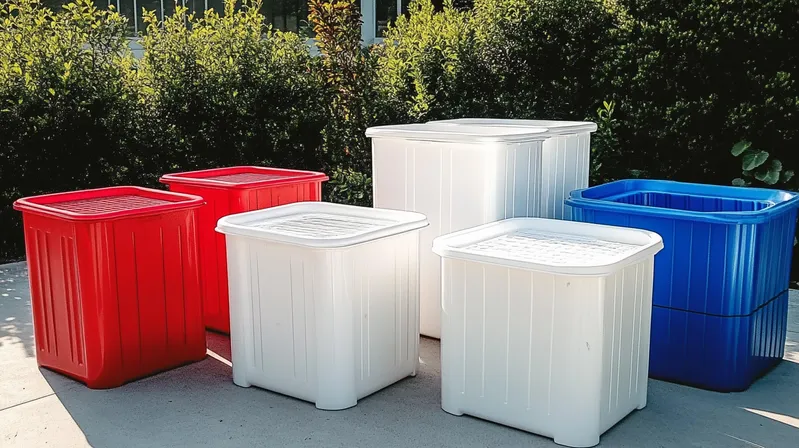 A group of red, white, and blue storage bins on a patio with greenery in the background.