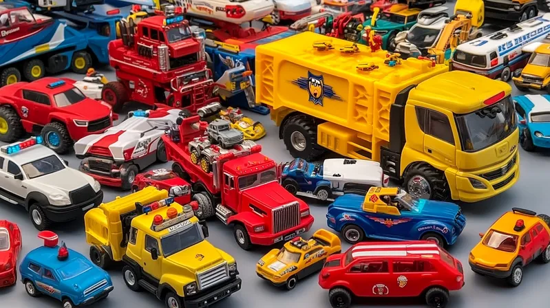 A colorful assortment of various toy cars and trucks