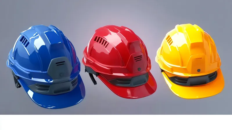 Three construction helmets in blue, red, and yellow arranged side by side