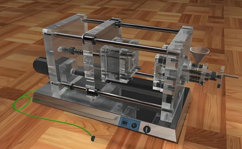 A clear and metallic desktop injection molding machine on a wooden floor