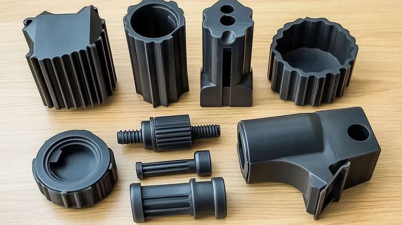 Various black components with ridged and smooth surfaces on a wooden surface
